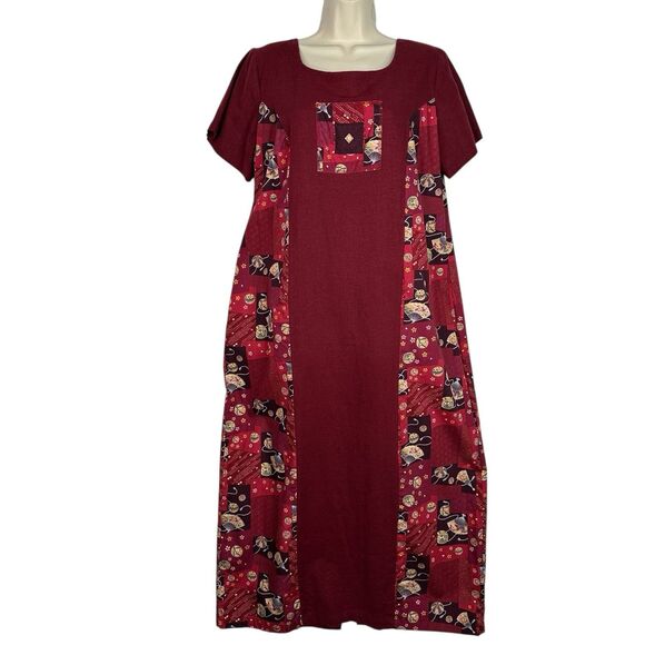 Island Attitudes L Red Patchwork Dress Fans Parasol Flora Linen Cotton Hawaii - Picture 2 of 12